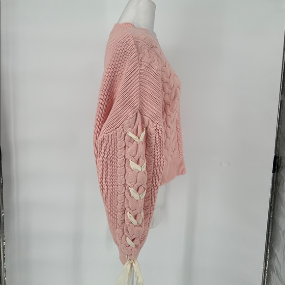 Altar'd State Millie Bow Sleeve Sweater Pink Cable Knit Ribbons Size Medium - Picture 5 of 11
